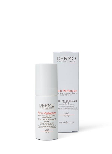 VITA C Siero Antiossidante - Skin Perefection Vita C è un siero a cristalli liquidi dalla texture leggera a rapido assorbimento. La sua formula contiene il 25% di Vitamina C in forma liposomiale dall'intensa azione antiossidante, in sinergia con Acido Ialuronico ad azione rassodante